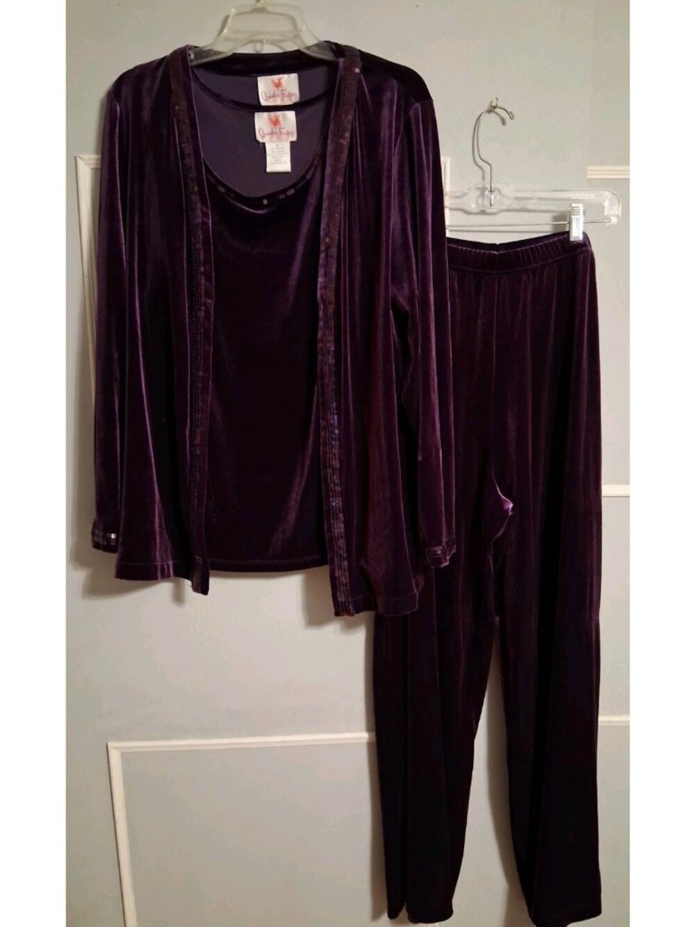 Quacker Factory 3 Pc Purple Velour w/Sequins Outfit Jacket Pants Tank L-XL Read